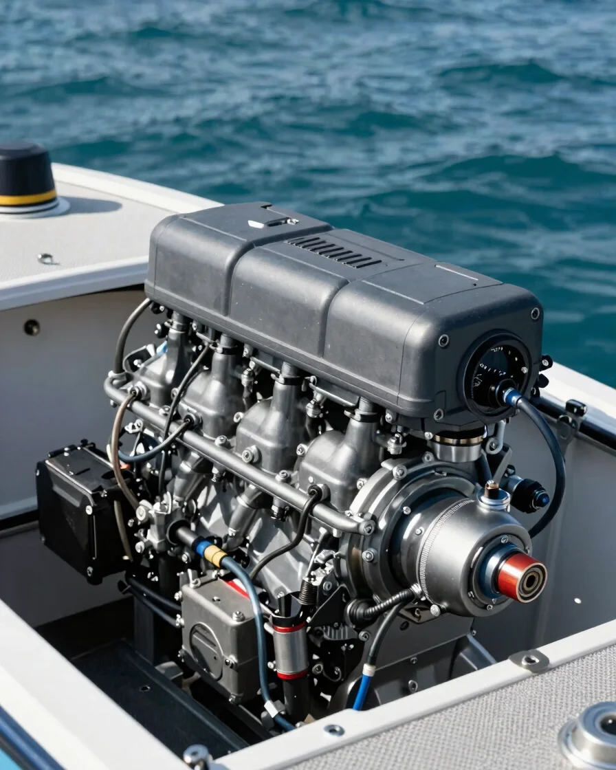 Three-quarter view of a four-stroke watercraft engine bay with EC