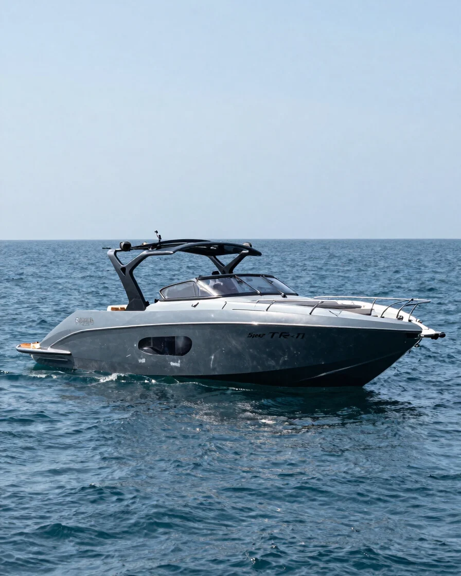 Editorial marine performance photograph in crisp natural daylight: a Yamaha TR-1 SuperJet in clear three-quarter view on