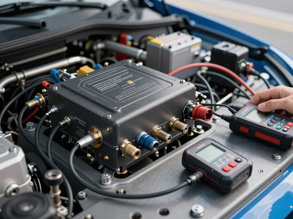 Controlled neutral workshop light, close detail of an ECU and han